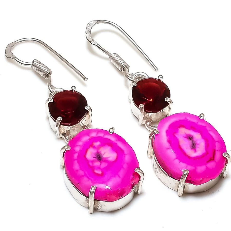 Solar Quartz Druzy Garnet Gemstone Silver Plated Dangle Earrings Jewelry 2.5" - Image 1 of 1