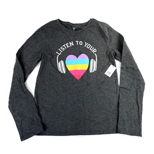 NWT NEW Gap Kids Girls XL Rainbow Heart Long Sleeve Gray Listen To your Heart - Picture 1 of 7