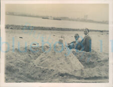 1954 photo New Brighton Beach Grandmother Grandson Sandcastle Building 4.5x3.5"