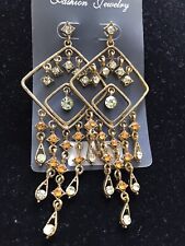 Nwt Vintage Gold Champagne Citrine Topaz Crystal Dangle Chandelier Stud Earrings