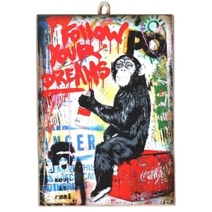 KUSTOM ART Image Bansky Monkey Street Impression sur bois 18 x 25 cm. - Imagen 1 de 2