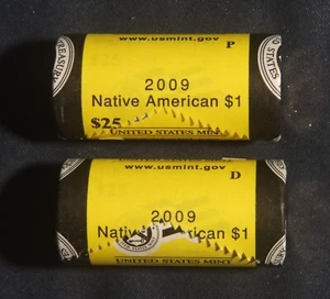2009 P/D NATIVE AMERICAN $1 COIN MINT ROLLS ($50 TOTAL) LOT A65 - Picture 1 of 3