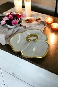 Vintage Ceramic Serving Tray White With Gold Trim Handle 1958 Handmade 7" x 7" - Picture 1 of 6
