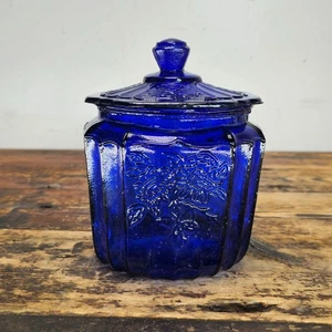 Vintage Mayfair "Open Rose" Cobalt Blue Glass Cookie Jar | Depression-Era Glass - Picture 1 of 9