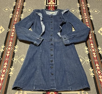 Vestido jeans Madewell azul índigo babado tamanho 2 stretch T36 - Imagem 1 de 4