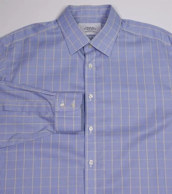 Charles Tyrwhitt Blue Yellow Plaid Non-Iron Classic Fit Dress Shirt (43) 17-35 - Image 1 of 4