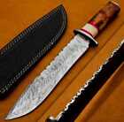 Custom Damascus Bowie Hunting Knife Damascus Guard Stained-Camel Bone Handl & Le