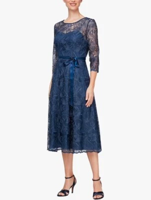 ALEX EVENINGS Navy Embroidered Lace Ribbon Waist Tie Sash Tea Length Dress 6P SP - Image 1 of 4