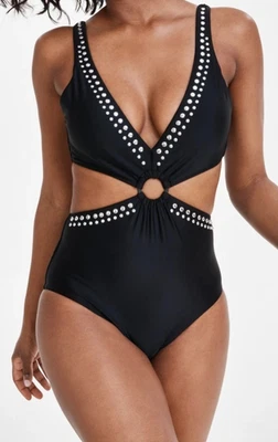 Traje de baño Bar III para mujer con tachuelas de una pieza, negro con plata, mediano Foto 1 de 4