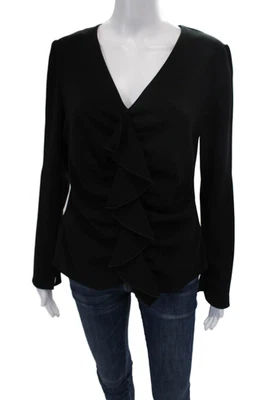 Blusa Drew para mujer manga larga con volantes cuello en V acanalada negra talla pequeña Foto 1 de 4
