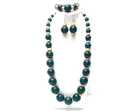 Grueso redondo verde azulado oscuro con collar/pulsera/pendiente de cuentas de madera beige natural Foto 1 de 4