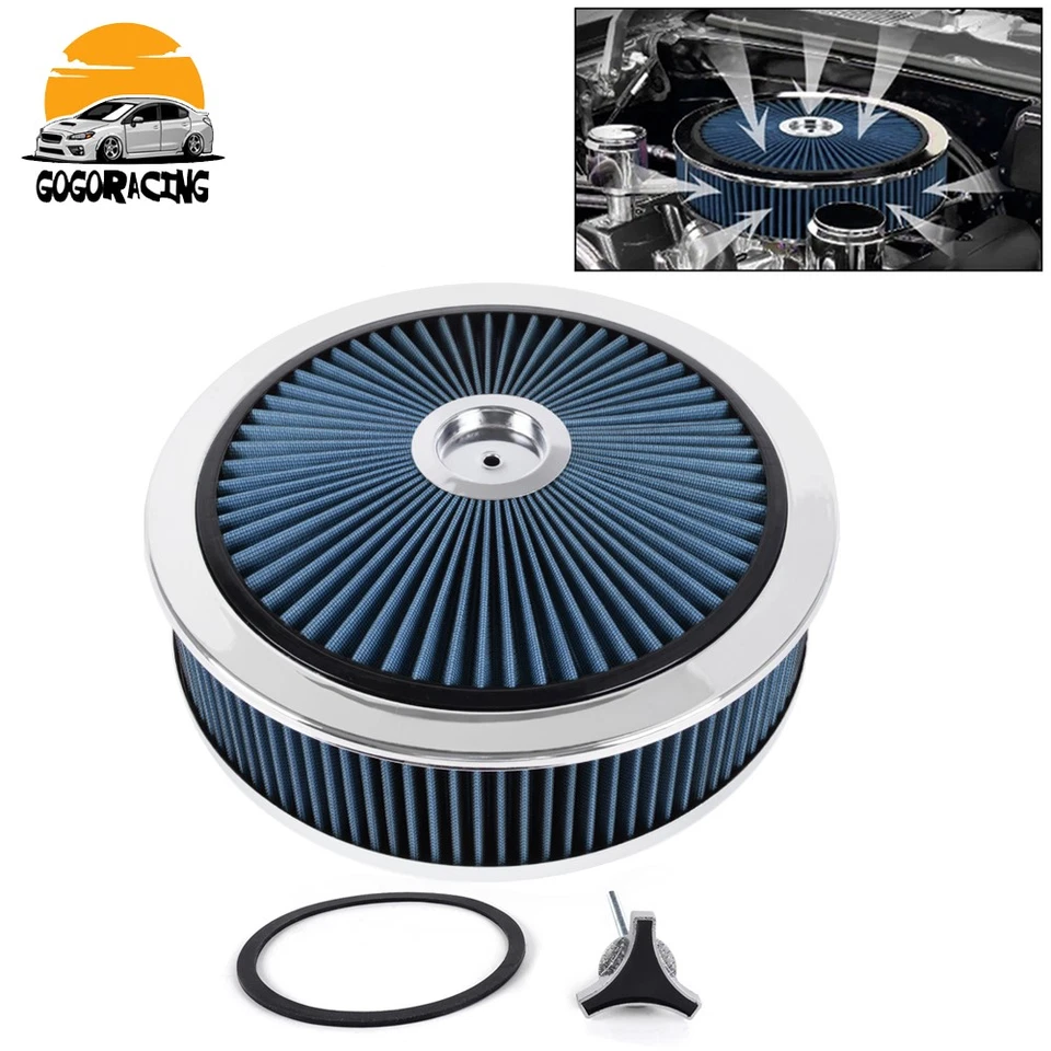 High Flow 14"x4" Blue Round Thru Washable Air Cleaner w/ Chrome Lid For SBC BBC Foto 1 de 4