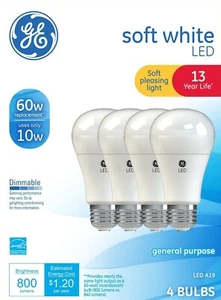 GE LED A19 Light Bulb E26 Medium Base Soft White 10W (60 Watt Equiv), 4-Pack - Picture 1 of 5