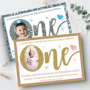 Personalised Photo 1st Birthday Invitations Glitter Effect Birthday Invites x10 - Picture 1 of 3