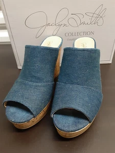 JACLYN SMITH Platform Slip On Sandals Wedge Shoes 7 M Denim Cork Blue Open Toe - Picture 1 of 8