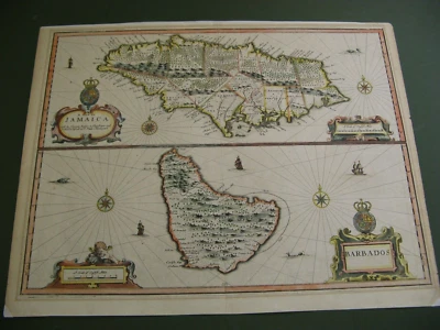 100% ORIGINAL LARGE JAMAICA  BARBADOS MAP BY JOHN SPEED C1676 HAND COLOUR - Image 1 of 4