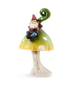 Garden Gnome 8 inch Statue Sitting on Mushroom Indoor Outdoor Garden Decor - Picture 1 of 1