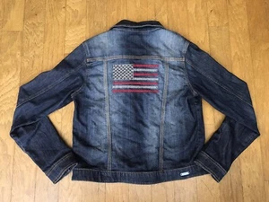 REUSE ~Juniors Recycled Denim Jacket w/ American flag 🇺🇸 On Back ~ Medium - Picture 1 of 10