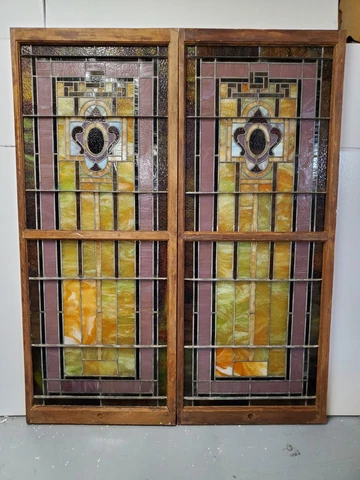 ANTIQUE CHURCH STAINED GLASS WINDOW  PAIR ARCHITECTURAL SALVAGE Cover