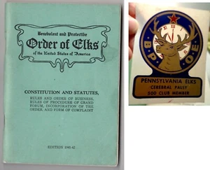 1941 B.P.O.E. BPOE Lot Order of Elks Constitution Booklet & Pennsylvania Sticker - Picture 1 of 9