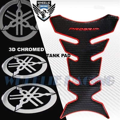 CHROMED RED PRO GRIP FUEL TANK PAD+2 X BRUSHED METAL YAMAHA LOGO EMBLEM STICKER - Image 1 of 4