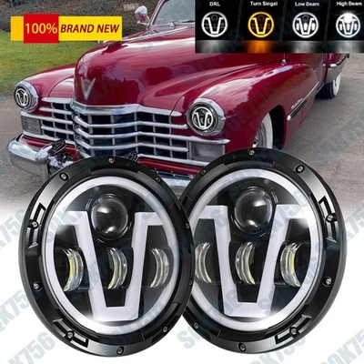 2件装7英寸圆形LED车头灯白色/琥珀色光环DRL适用于系列62 60 Fleetwood — 第 1/4 张图片