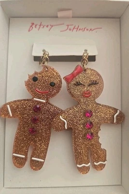 Pendientes colgantes Betsey Johnson Navidad vacaciones pan de jengibre niño y niña nuevos con etiquetas  Foto 1 de 4
