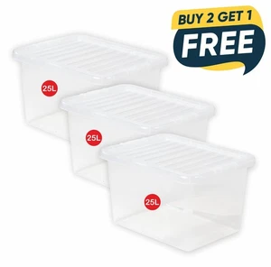 (Buy 2 + 1 Free) 25L Clear Plastic Storage Boxes with Lids Stackable Box UK Made - Picture 1 of 12
