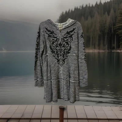 Jaqueta VOCAL EUA feminina cinza enfeitada preta zíper completo com capuz tamanho XL grunge - Imagem 1 de 4