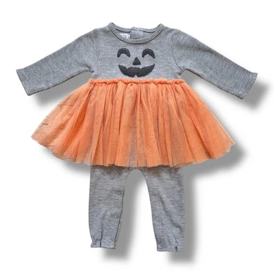 Mud Pie Romper Girls Size 6-9M Gray Waffle Knit Pumpkin Tulle Skirt Halloween - Image 1 of 4
