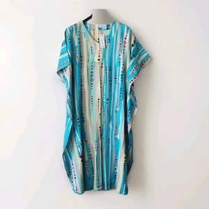 National Dress Beach Blue Geometric Diamond Stripe Caftan Cover Up Cotton 100% - Picture 1 of 6