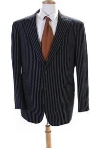 Lanificio Mens Striped Two Button Blazer Jacket Black Blue Wool Size 46 Regular - Picture 1 of 9