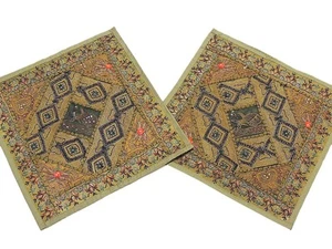 Khaki Zari Embroidered Pillows 2 Novelty Decorative Accent Throw Pillowcases - Picture 1 of 1