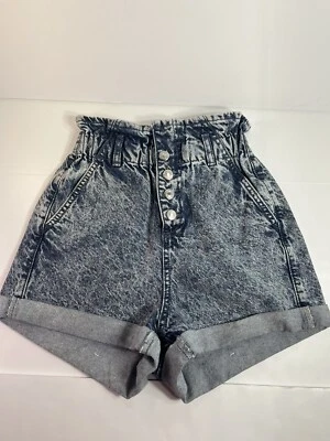 Pantalones cortos de mezclilla Topshop High Rise bolsa de papel botón mosca lavado ácido azul para mujer talla 2 Foto 1 de 4