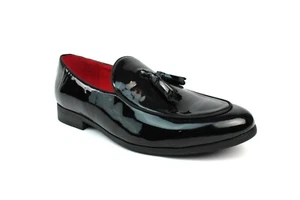 Patente Negro Para Hombre Sin Cordones Cuero Real Mocasín Borla Zapatos AzarMan - Imagen 1 de 6