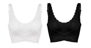 2 Sports Bras Cross Front Lace Support Panel Removable Pad Vertvie - Picture 1 of 5