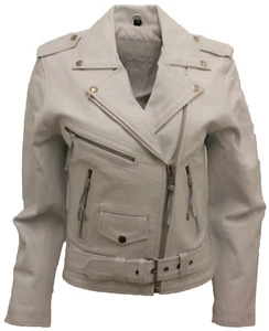 Women's Stylish Brando White Leather Biker Jacket - Picture 1 of 3