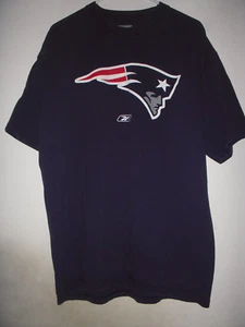 REEBOK New England Patriots Blue T Shirt L + Iron Sew On Large Patch Silver Logo - Picture 1 of 2