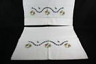 Vintage Pair Hand Embroidered White Pillowcases Purple Flowered Vine Red Tulips