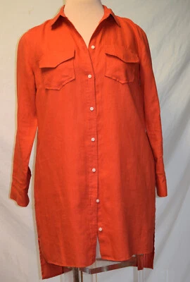 Camisa túnica larga de lino Banana Republic roja tomate LS top dobladillo alto-bajo-6 Foto 1 de 4