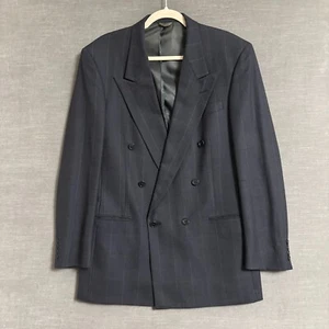Vtg Christian Dior Sport Coat 41L Navy Windowpane Wool Double Breasted Peak 42L - Picture 1 of 10