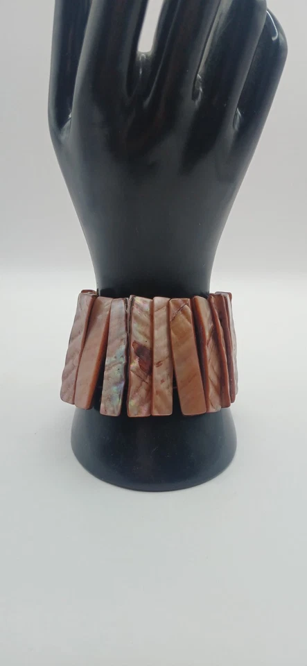 Pulsera Abulón Bronce Gruesa Madreperla Concha Elastizada Coral Bronce Foto 1 de 4