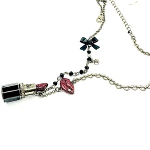 BETSEY JOHNSON Vintage Gold-Tone “Kiss Me” Lipstick & Lips Charm Necklace 17–20” - Picture 1 of 10