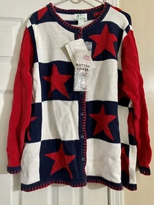 WOMENS PLUS SIZE 1X THE QUACKER FACTORY RED WHITE BLUE STAR CARDIGAN SWEATER NWT - Picture 1 of 2