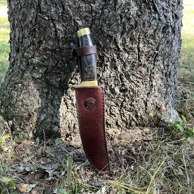 Timber Rattler Bowie Knife TR 38 Gold & Dark Wood Handle with Leather Sheath 80s - Image 1 of 4