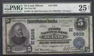 $5 1902-ND FNB of DeLand, IL Ch# M5699 =Only 10 Known= PMG VF 25 - Picture 1 of 3