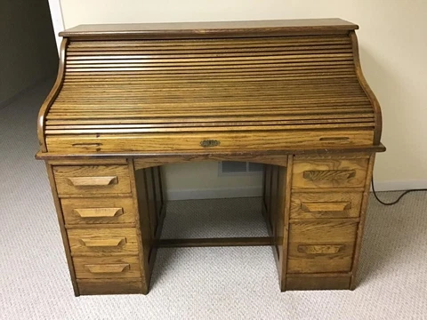 S-Roll Top Desk, solid oak, Eagle Lock, paneled back, dove tail Cover