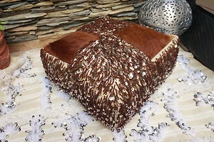 Moroccan Vintage Berber Wedding Blanket Cowhide Handira Pouf Sequin Floor Pillow - Picture 1 of 10