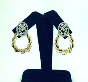 14K Yellow Gold & Diamond Loose Twisted Bottom Post Earrings 1 1/2" - Picture 1 of 5