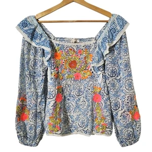 Love The Label Blumen Boho Top XS bestickt Rüschen gesmokt Ballonärmel  - Bild 1 von 10